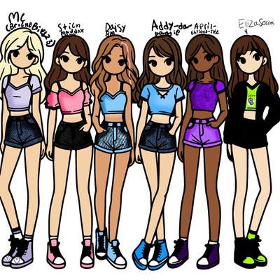 a group of girls wearing crop tops and shorts