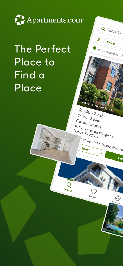 Apartments.com Rental Finder - Pantalla de inicio de la aplicación Apartments.com que muestra listados de propiedades en Dallas con filtros de precios y opciones de recorrido virtual 3D