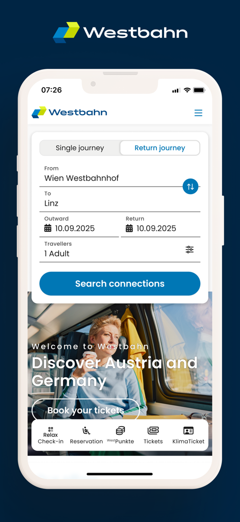 Westbahn - Uno smartphone che mostra l'interfaccia di ricerca biglietti dell'app Westbahn per viaggi tra Vienna e Linz
