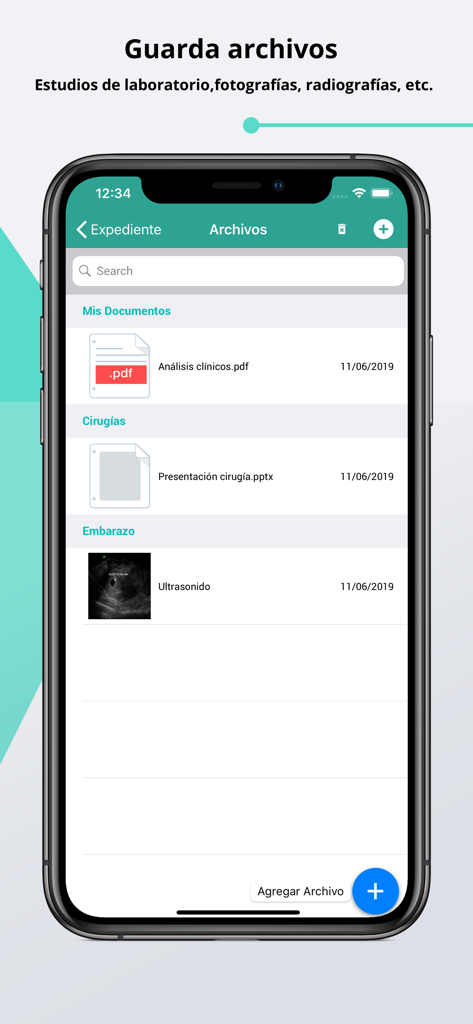 Interfaz de la aplicación móvil Eleonor que muestra una lista de archivos médicos de pacientes almacenados, incluyendo resultados de laboratorio y ultrasonidos.