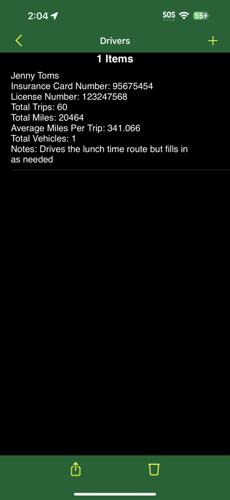 Track My Mileage And Time - Interface of the mileage tracking app showing driver details including total trips and miles