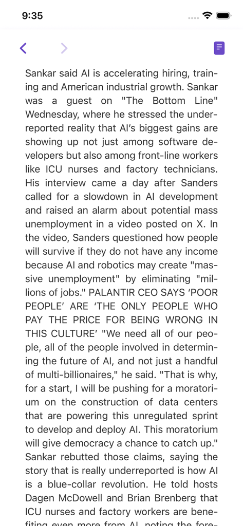 Ai News Pro - Ai News Pro app interface showing a long-form news article about AI and industry growth.