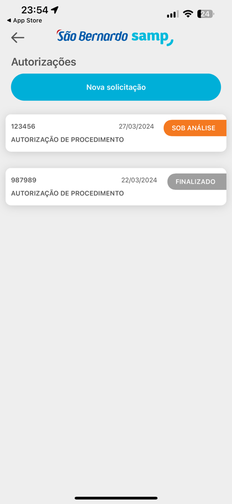 São Bernardo Samp - Screen from the Sao Bernardo Samp app showing a list of medical procedure authorization requests and their processing status.