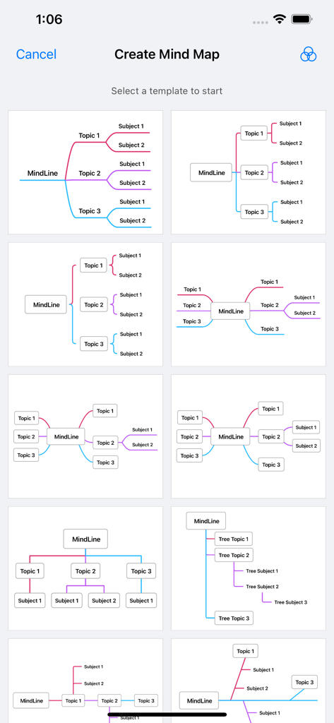 MindLine Mind Map - Uma coleção de vários modelos de mapa mental disponíveis no aplicativo MindLine
