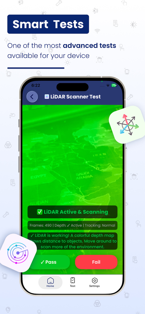 Check My Device : 40+ Tests - Mobile app screen showing a LiDAR scanner diagnostic test with a green depth map and pass fail buttons