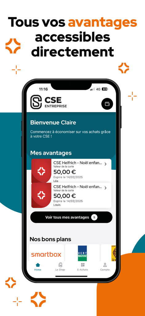 Smartphone screen showing the advanGO mobile app home page with personal employee benefits and gift cards.
