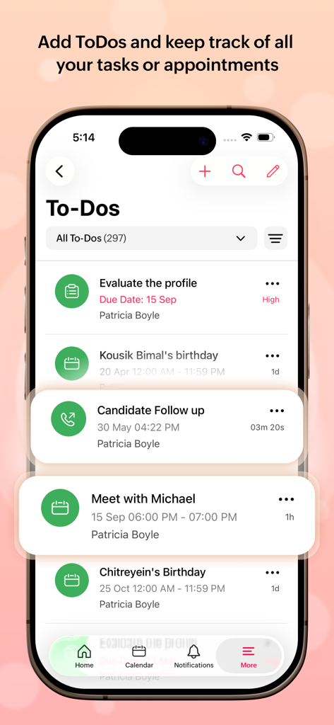 Zoho Recruit - Recruiting CRM - Zoho Recruit app interface displaying a list of recruiter tasks and candidate follow-up appointments.
