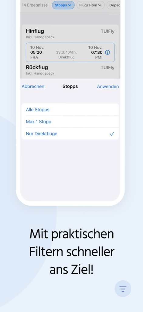 Filter für die Flugsuche in der Fluege.de App für die Anzahl der Zwischenstopps