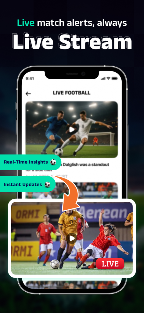 Live Football TV - Live Match - Interface de l'application FootMantra montrant le streaming de matchs de football en direct et des informations en temps réel sur un écran mobile