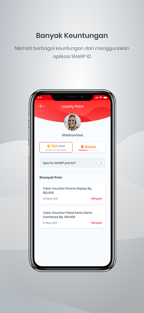 SHARP ID - The loyalty points screen of the SHARP ID app displaying user points balance, bronze tier status, and transaction history for vouchers.