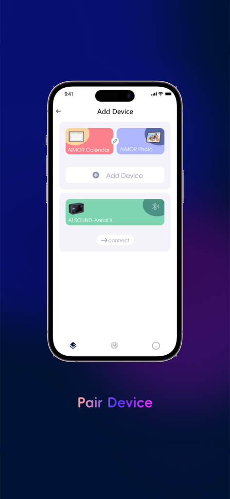 AiMOR app interface for pairing smart home devices like digital calendars and photo frames