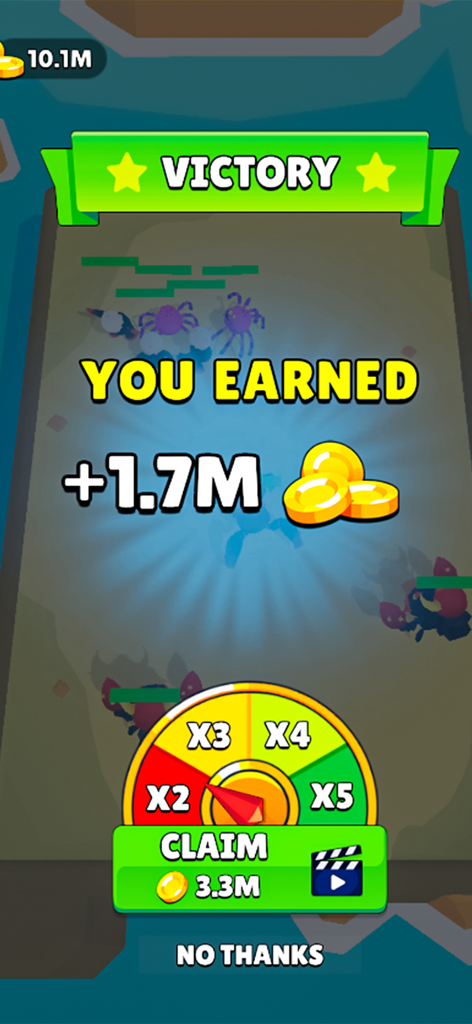 Monster Merge Dinosaur Games - Victory screen in Monster Merge Dinosaur Games with coin rewards and multiplier wheel