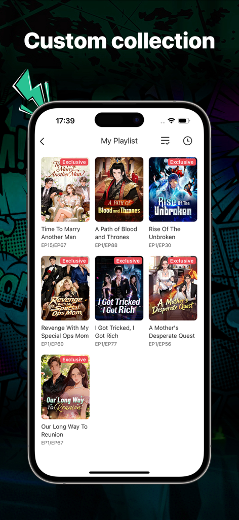 MoboDrama - AI Comic Dramas - MoboDramaアプリの画面。ユーザーのカスタムコレクションとAI生成コミックドラマのプレイリストを表示しています。