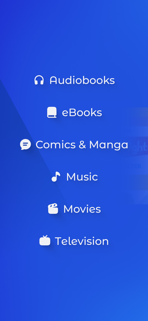 Hoopla Digital app screen showing available media categories including audiobooks ebooks comics music movies and television