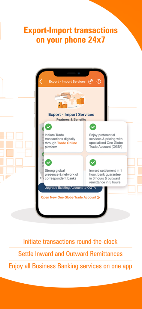 InstaBIZ app screen showing export and import banking services including inward and outward remittances