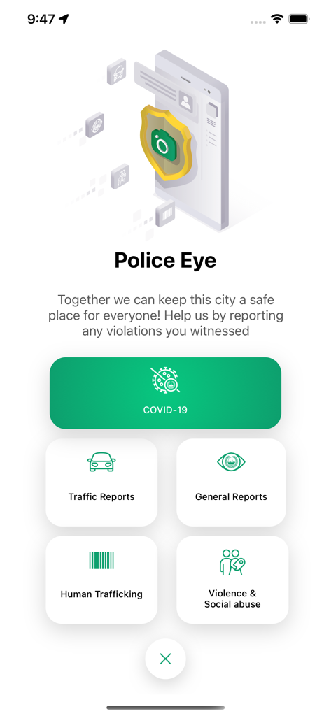 Dubai Police - شرطة دبي - Dubai Police app reporting screen with categories for traffic general reports and social abuse