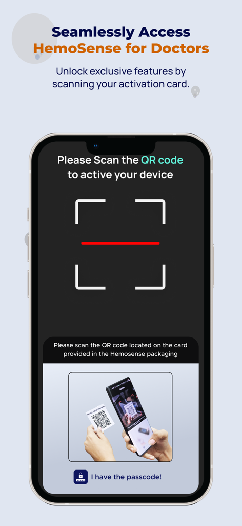 Hemosense - HemoSense app screen for medical professionals to scan an activation card QR code.