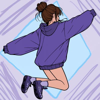 realistic girl jumping with a bun and oversized sweatshirt