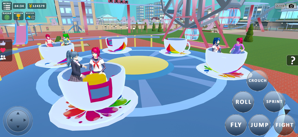 Anime-Highschool-Charaktere genießen eine Tassenfahrt in einem Vergnügungspark.