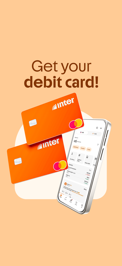 Two orange Inter Mastercard debit cards and a smartphone displaying the Inter banking app interface