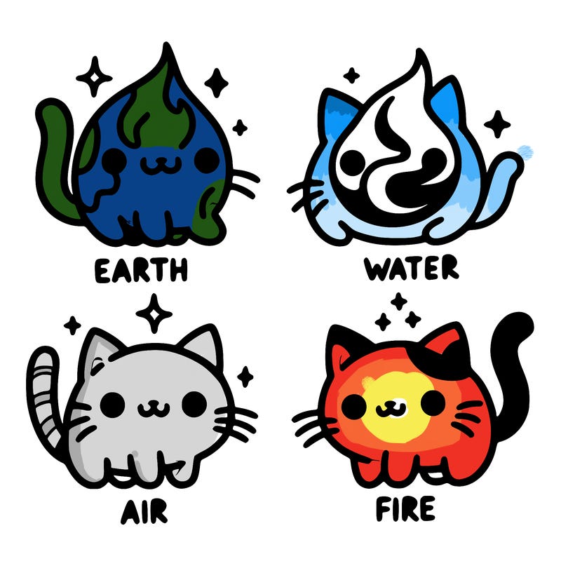 4 cats that represent the different elements, earth, water, air, and fire