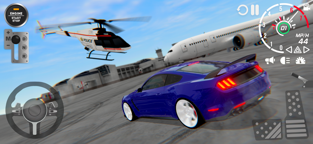 Fast&Grand - 3D Real Car Drive - Um carro esportivo azul derrapando em um aeroporto com um helicóptero e avião ao fundo