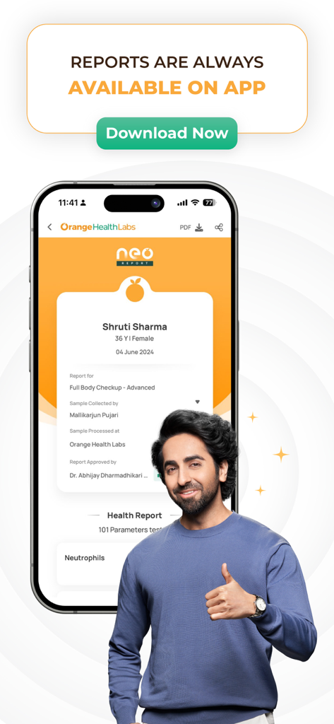 Orange Health Labs: Blood Test - Smartphone displaying a digital medical report on the Orange Health Labs app with a man giving a thumbs up.