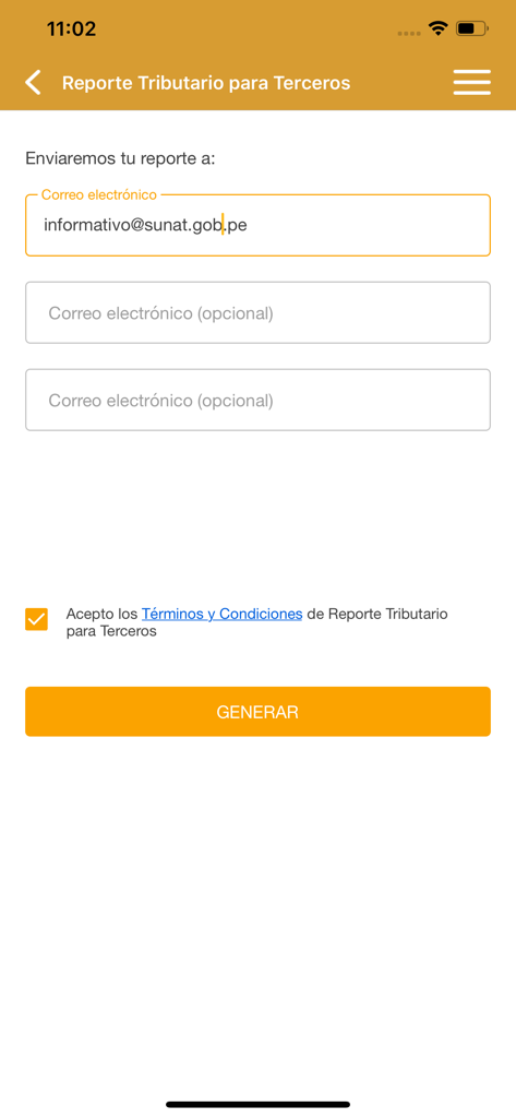 Interface do APP Personas mostrando campos para inserir endereços de e-mail e gerar um relatório fiscal para terceiros