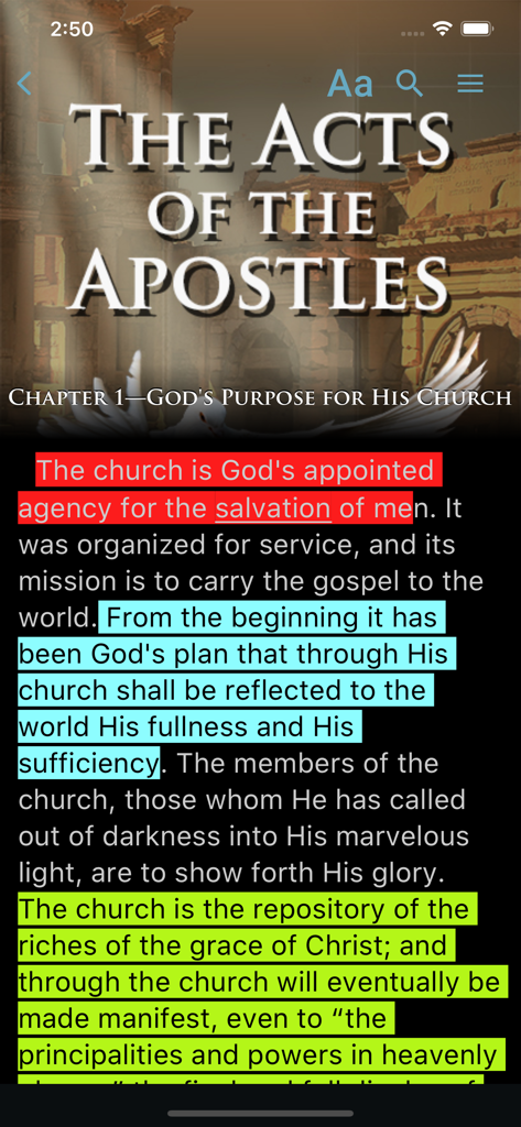 EGW Writings 2 - Aplicativo EGW Writings 2 mostrando texto religioso destacado de Atos dos Apóstolos.