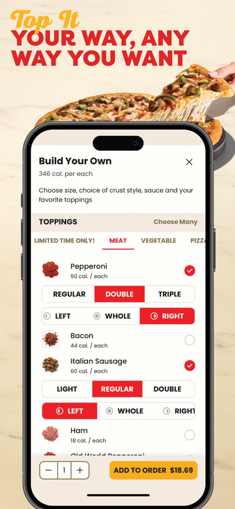 Marco’s Pizza - Un écran de smartphone affichant la fonction Créer votre propre de l'application Marcos Pizza avec diverses options de personnalisation des garnitures de viande.