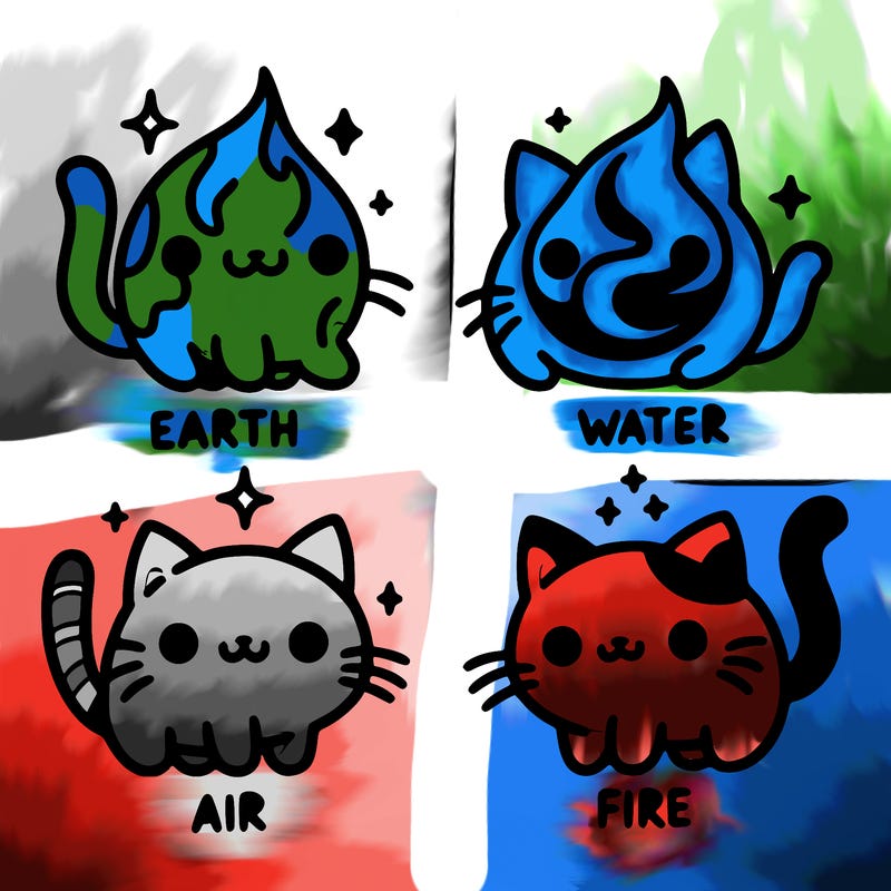 4 cats that represent the different elements, earth, water, air, and fire