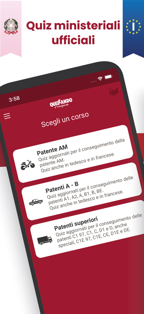 Quiz Patente 2026 - A mobile app screen showing options for different Italian driving license types including car and motorcycle