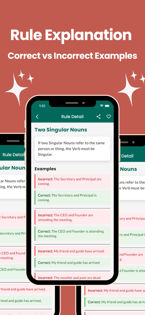 100 English Grammar Rules - Interfaz de la aplicación 100 Reglas de Gramática Inglesa que muestra explicaciones de reglas y ejemplos de uso correcto versus incorrecto.