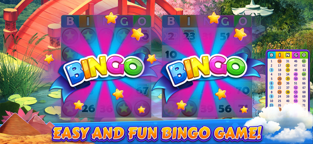 Bingo Cruise™ Live Casino Game - Gameplay of Bingo Cruise with cards displayed over a scenic Japanese garden background