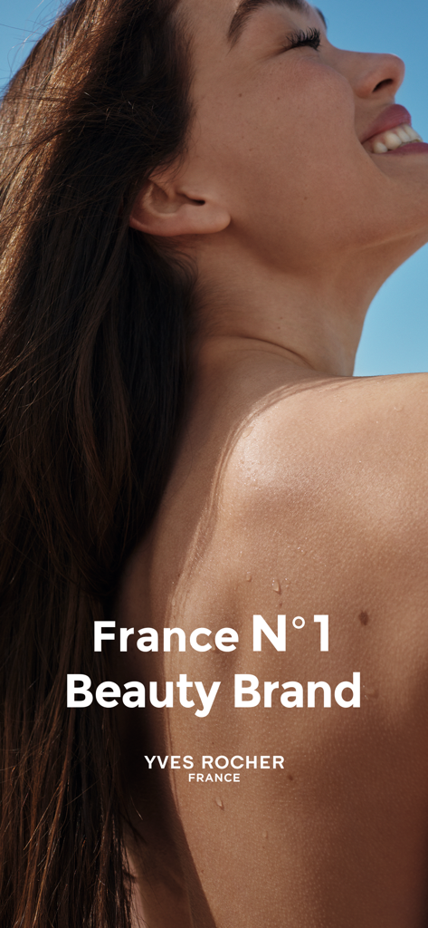 yves-rocher - Smiling woman with fresh skin under a blue sky featuring the text France No. 1 Beauty Brand Yves Rocher