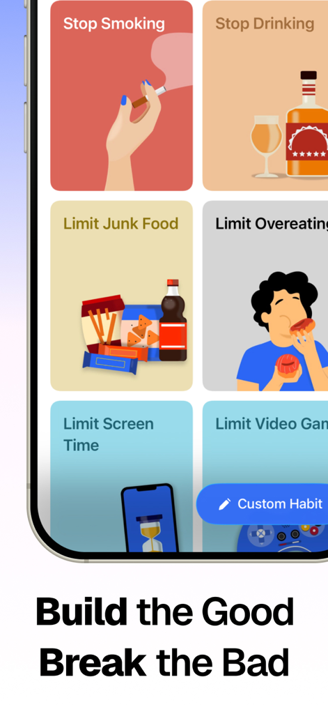 Habitify app screen showing options to break bad habits like smoking, drinking, and limit screen time.