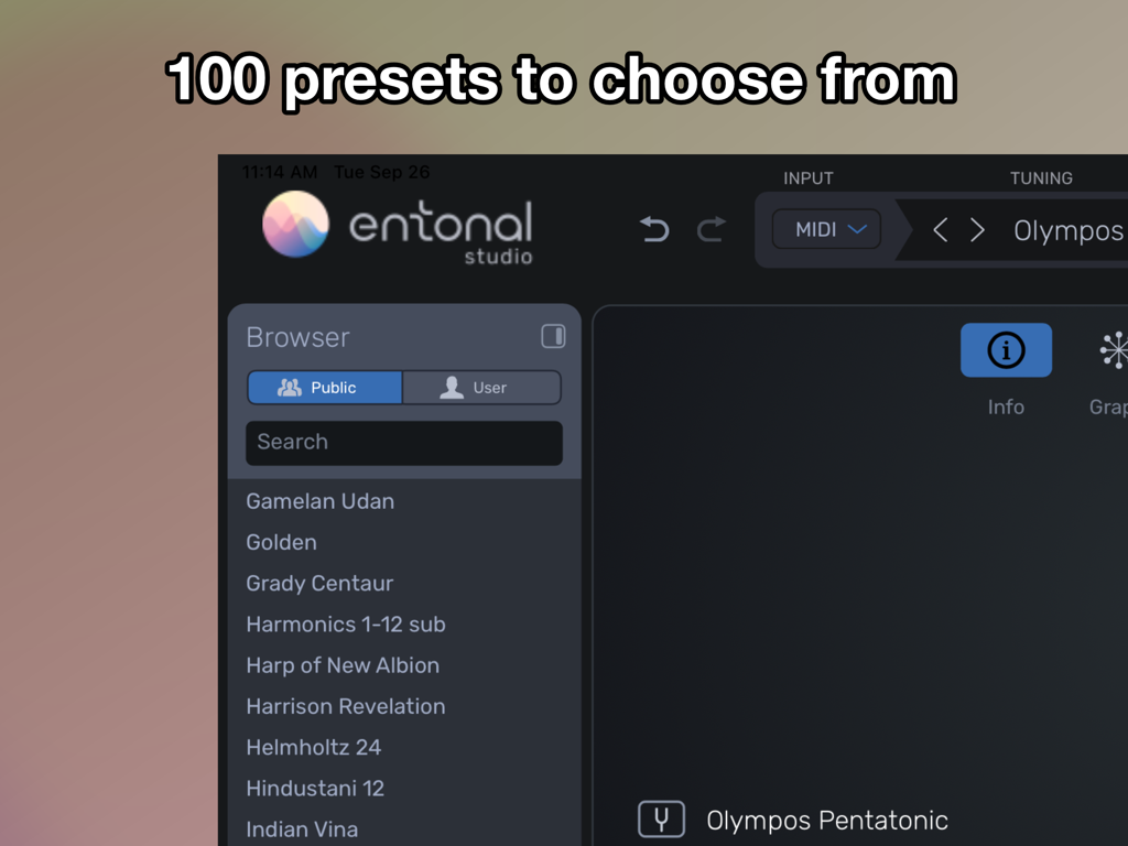 Entonal Studio - Navegador de presets do Entonal Studio mostrando uma lista de escalas microtonais
