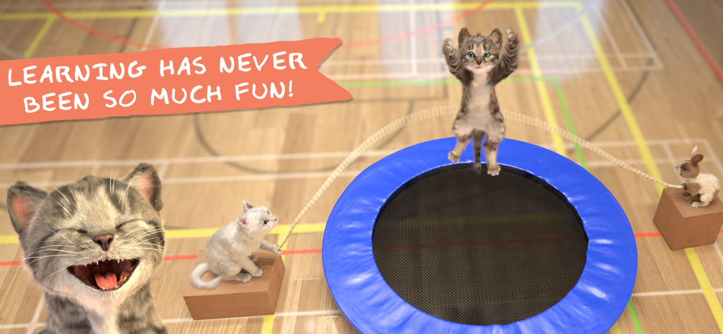 Little Kitten: Pet Cat School - A cute 3D animated kitten jumping on a blue trampoline with the text Learning has never been so much fun