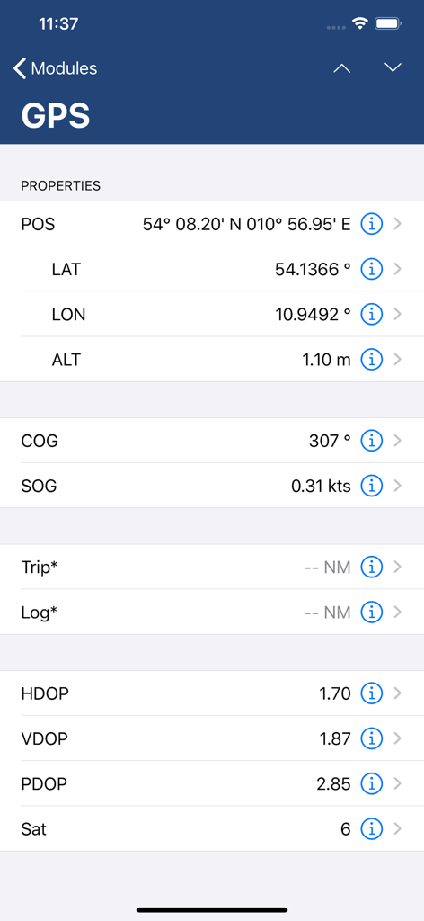 NMEAconnect - Module GPS de l'application NMEAconnect affichant la position, la vitesse et les données satellites