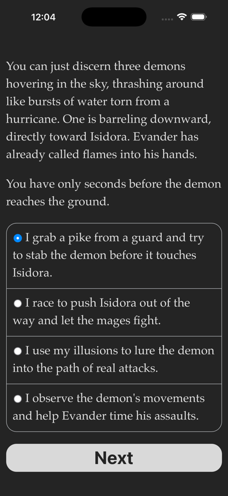 A screenshot of the Choice of Games app showing a text-based fantasy story with multiple choices for the player