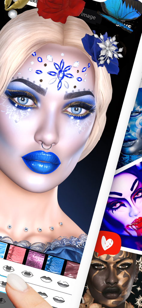 Makeup Creator: Makeup Games - A high-fidelity 3D avatar with vibrant blue makeup, elaborate face jewels, and a floral headpiece.