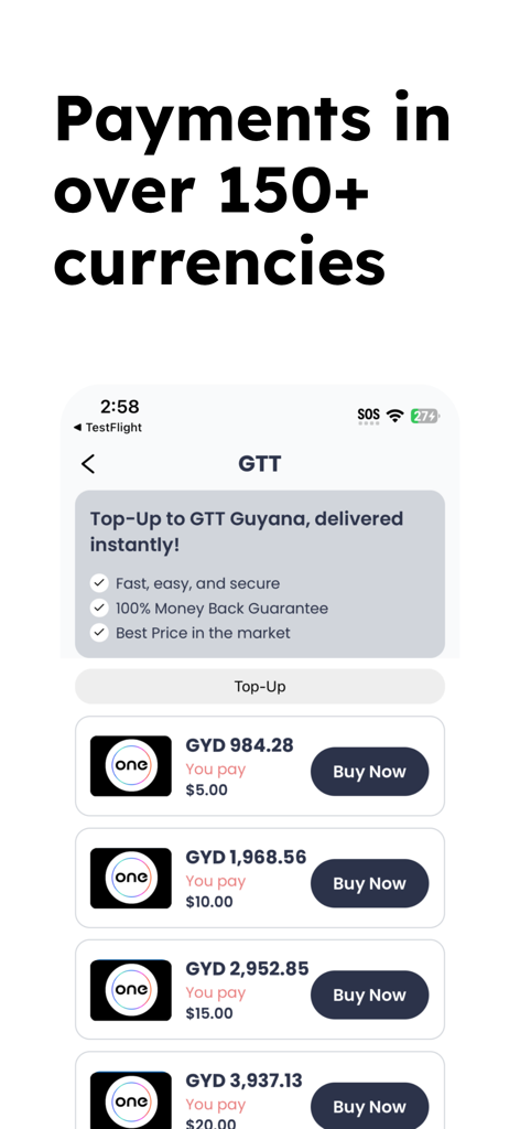 One Communications Topup App - One Communications Topup App interface showing mobile recharge amounts in Guyana Dollars and US Dollars