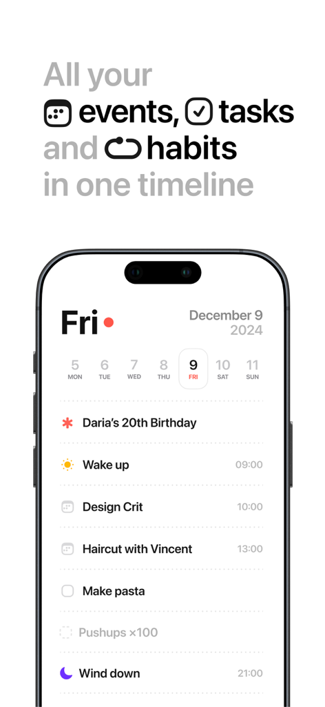 Joi: Daily Planner & Organizer - Interfaz de la línea de tiempo diaria de la aplicación Joi que muestra eventos, tareas y hábitos en una sola pantalla