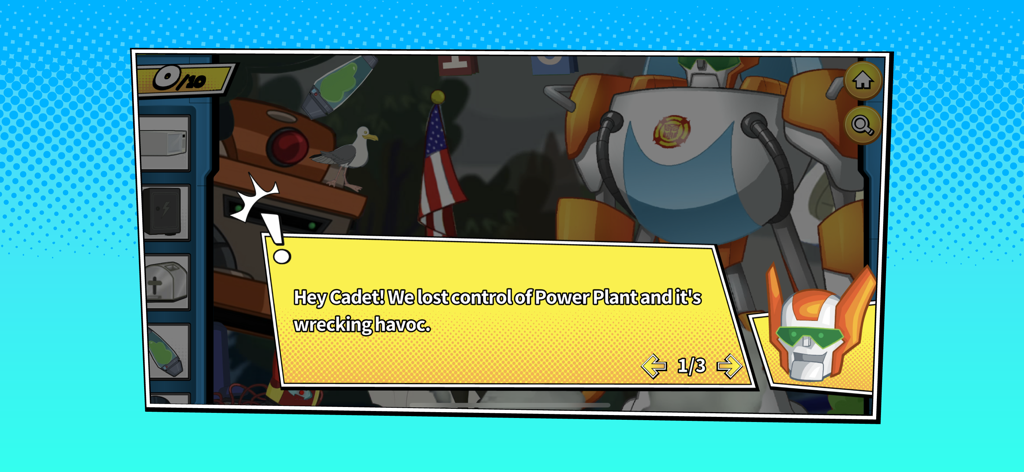 Transformers Rescue Bots! - A mission briefing dialogue box in the Transformers Rescue Bots app showing a robot character and a task description