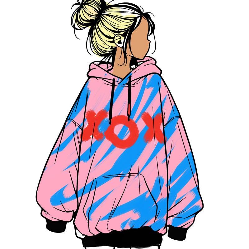 realistic girl with a oversized sweatshirt on and a bun