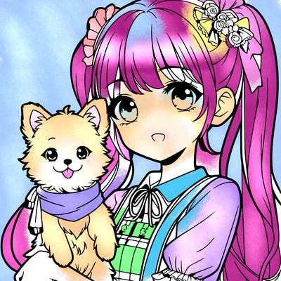 anime girl and her beautiful little dog