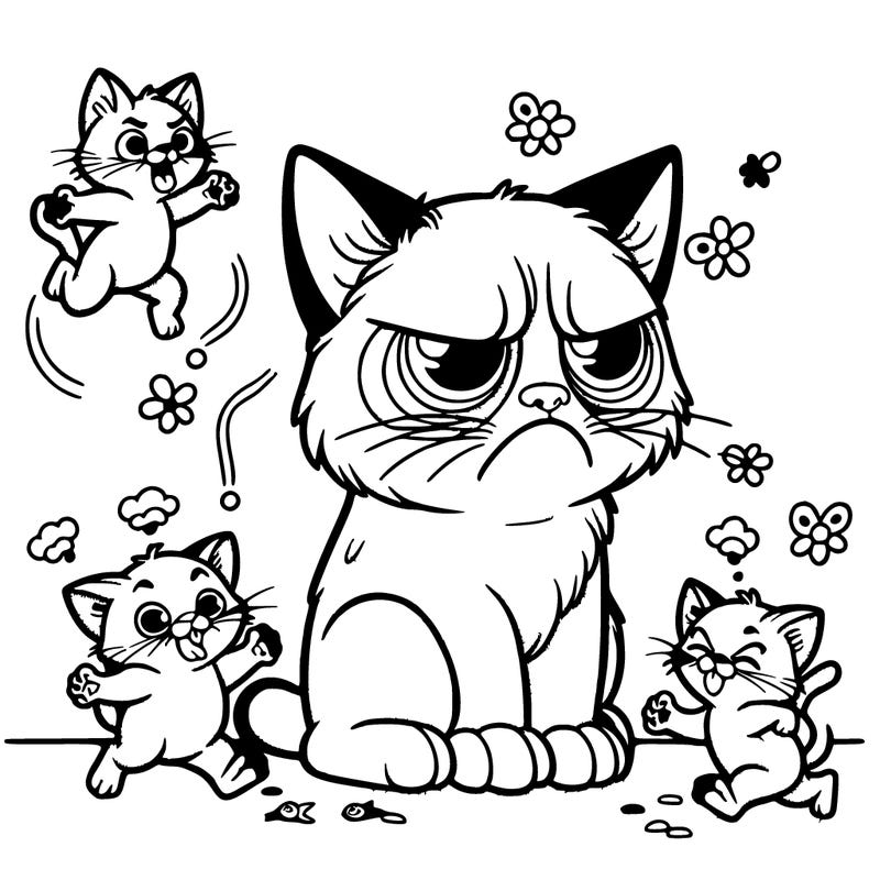 grumpy cat with kittens running around and messing with the grumpy cat