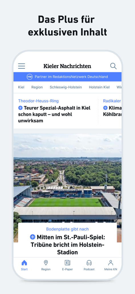 Écran mobile montrant l'application d'actualités Kieler Nachrichten avec des gros titres régionaux et une photo de stade