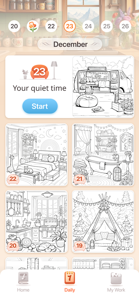 Chill Color - Paint by Number - Seleção de páginas de colorir diárias no aplicativo Chill Color com ilustrações aconchegantes de interiores e exteriores.