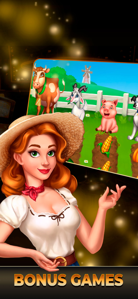Clickfun: Casino & Slots Mania - A farm themed bonus game screen in Clickfun Casino featuring a redheaded woman in a straw hat and cartoon animals